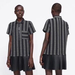 Zara Textured Weave Faux Leather Pleated Dress